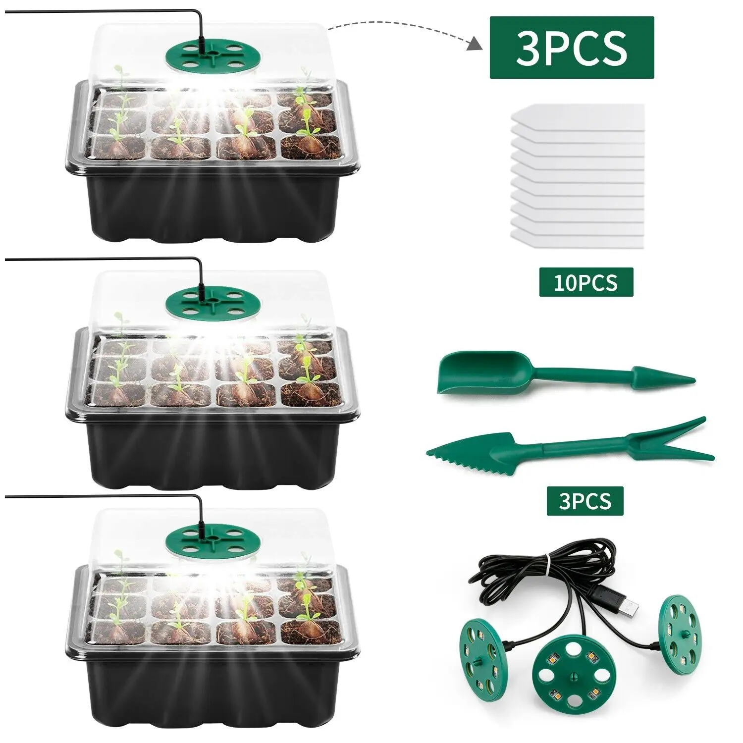 3-Pack Upgraded Seed Starter Trays with Full Spectrum Grow Light, 12-Cell Adjustable Humidity Seed Starting Kit, Portable Indoor Greenhouse with 10 Plant Labels for Flowers, Fruits, Propagation Gardening Supplies Planting Containers Growing Led
