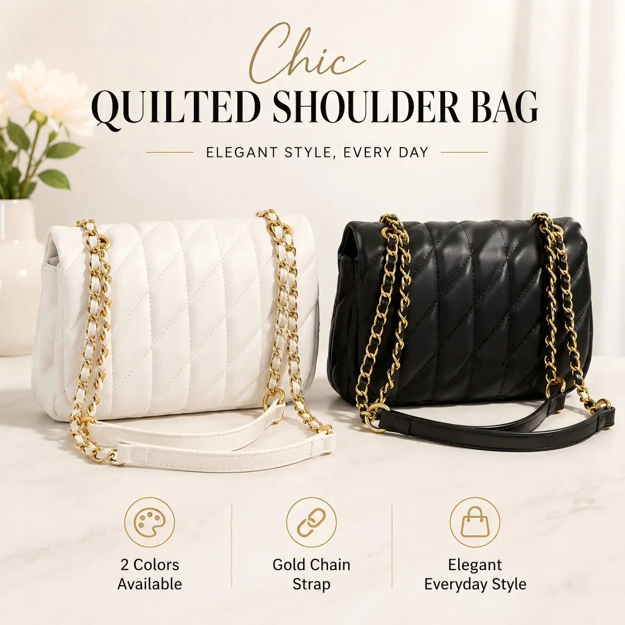 Quilted Grid Crossbody Bag for Women, Chic PU Leather Shoulder Purse with Gold Chain, Lightweight Everyday Purse for Work & Casual, Commuter Crossbody Bag, Carry All Crossbody