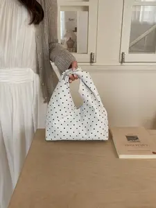 Korean Style Polka Dot Soft Cotton Women Crossbody Bag Slouchy Pleated Design Simple Mini Handbag For Shopping Dating Short Trip Casual Daily Shoulder Bag