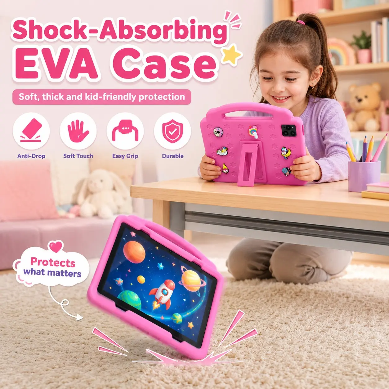 10.1 Inch Kids Tablet, 4GB RAM 64GB ROM, Android 12, Dual Camera, Kid-Proof Durable Case with Handle, WiFi Learning Tablet for Toddlers