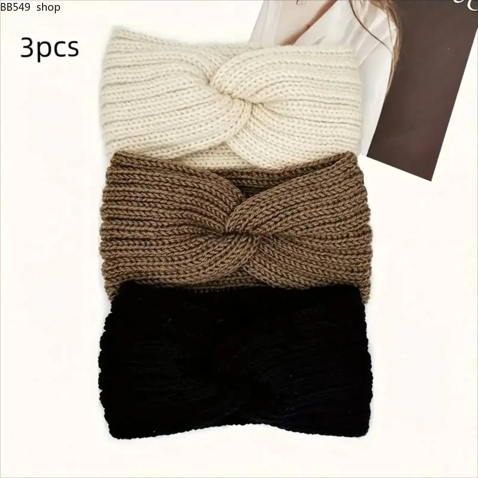Cubidupi 3pcs Triple Knot Warm Ribbed Knit Headband Set, Classic Neutral Beige Brown Black, Unisex Chic Matching Hair Band Accessory Kit for Everyday Wear, Chic Headbands, Matching Headband