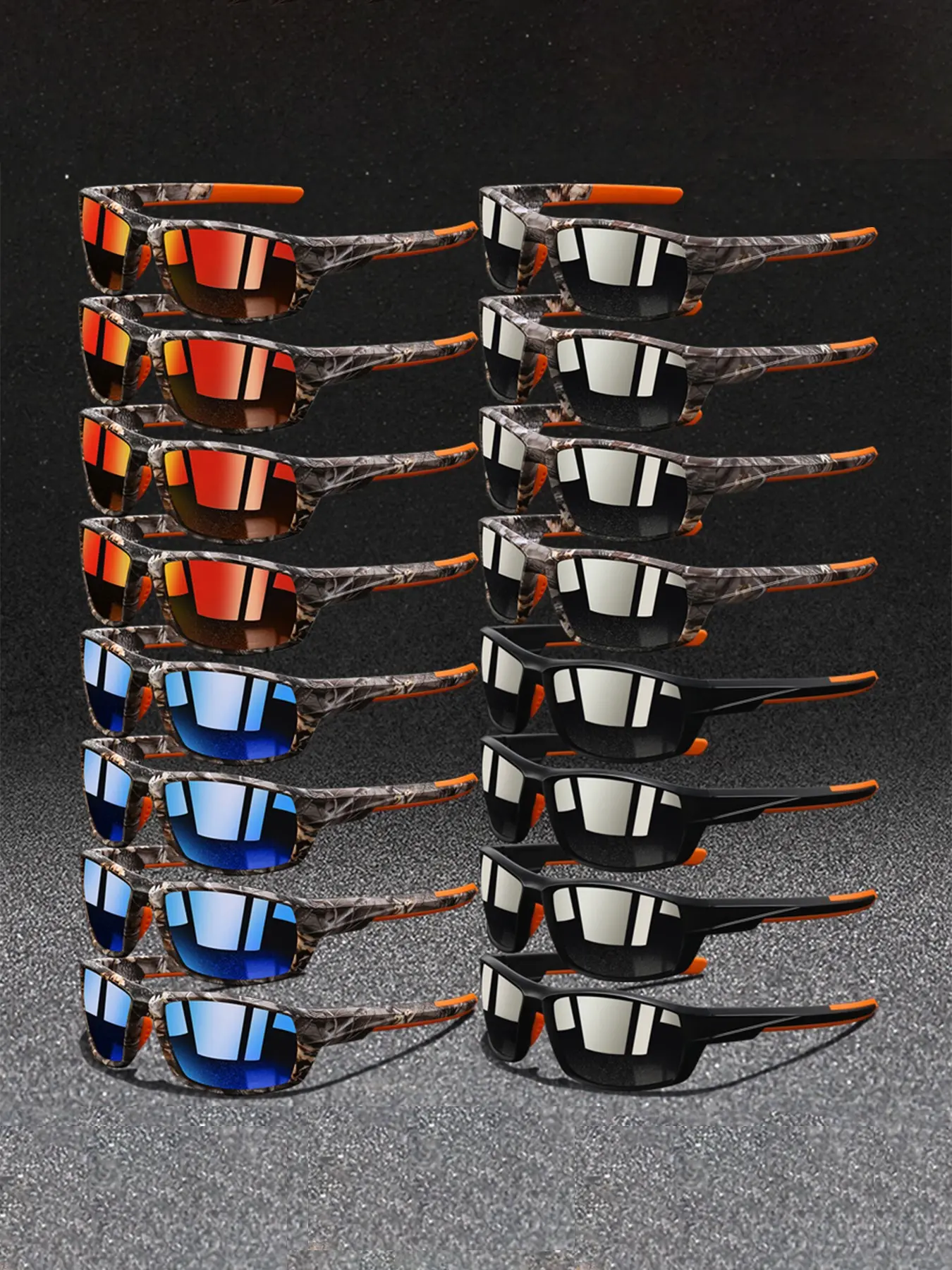 16 pairs of fashionable retro camouflage summer sports sunglasses, equipped with protective lenses for healthy eye protection and anti slip rubber nose pads to improve wearing comfort, suitable for outdoor activities such as driving, vacation, and travel