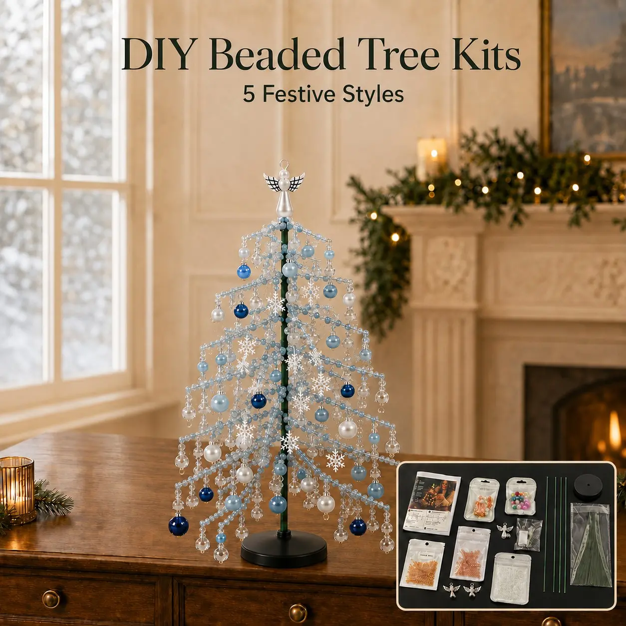 DIY Beaded Christmas Tree Kit, Handmade Craft Set with Lights, Festive Holiday Decor for Kids & Adults, Halloween Fall Desktop Home Decoration