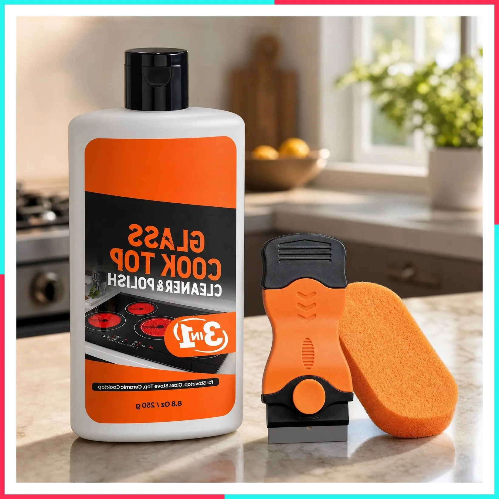 3-in-1 Cooktop Cleaner Kit with 8.8 Oz Cleaner, Scrubbing Pad & Scraper for Electric Stoves, Ceramic Cooktops & Fireplace Glass, Removes Burned-On Food & Grease