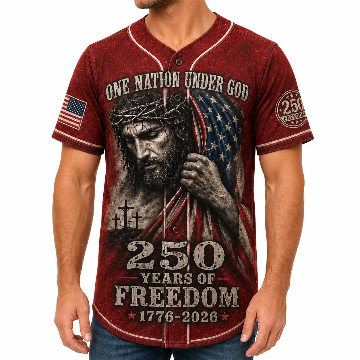 Men's Christian Faith USA 250 Years of Freedom Vintage Baseball Jersey - Red Patriotic Button-Up Fashion Jersey with Jesus Cross Flag Graphic, Psalm 33:12, Lightweight Polyester 4th of July Throwback Streetwear Top, Fashion Jerseys