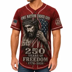 Christian Faith USA 250 Years of Freedom Baseball Jersey for Men Women, Red Patriotic Button Up Shirt with Jesus Inspired Cross Flag Graphic Print, Psalm 33:12, Lightweight Polyester 4th of July Holiday Streetwear Top，clothes, outfits, men's wear
