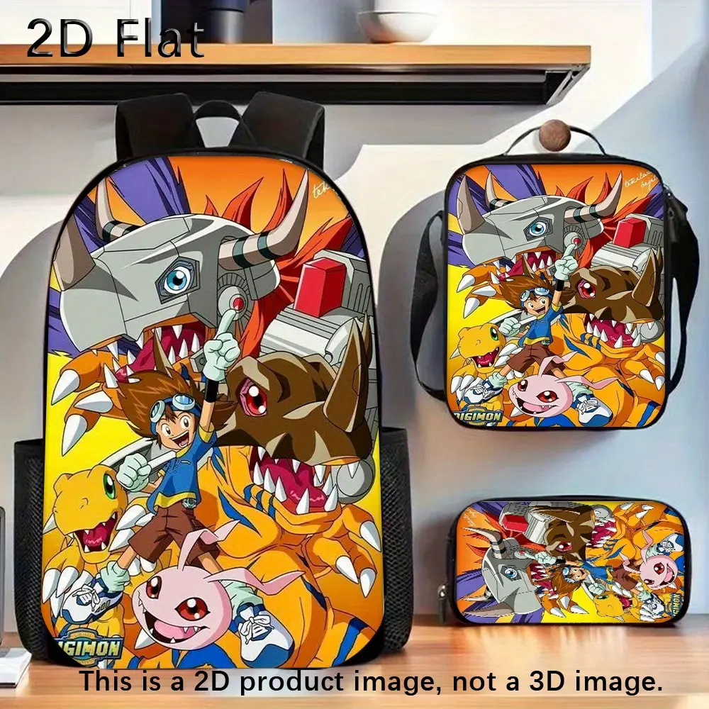 Kids' 3-Piece Durable Water-Resistant School Backpack Set - 600D Oxford Fabric, 2D Bright Orange Armored Fantasy Dinosaur Anime Print, Lightweight with PEVA Insulated Lunch Box, Pencil Case, Breathable Padded Straps