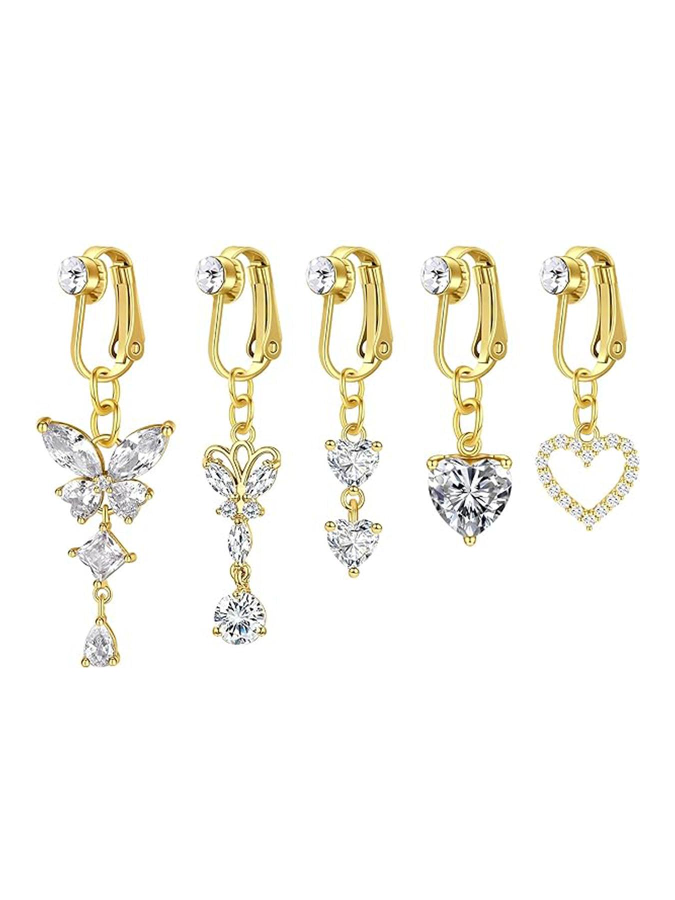 Rhinestone & Butterfly Decor Non-piercing Clip Belly Piercing Belly Button Rings, 5counts Belly Piercing Jewelry for Party, Daily Clothing Decor for Girl, As Birthday Gift for Back To School