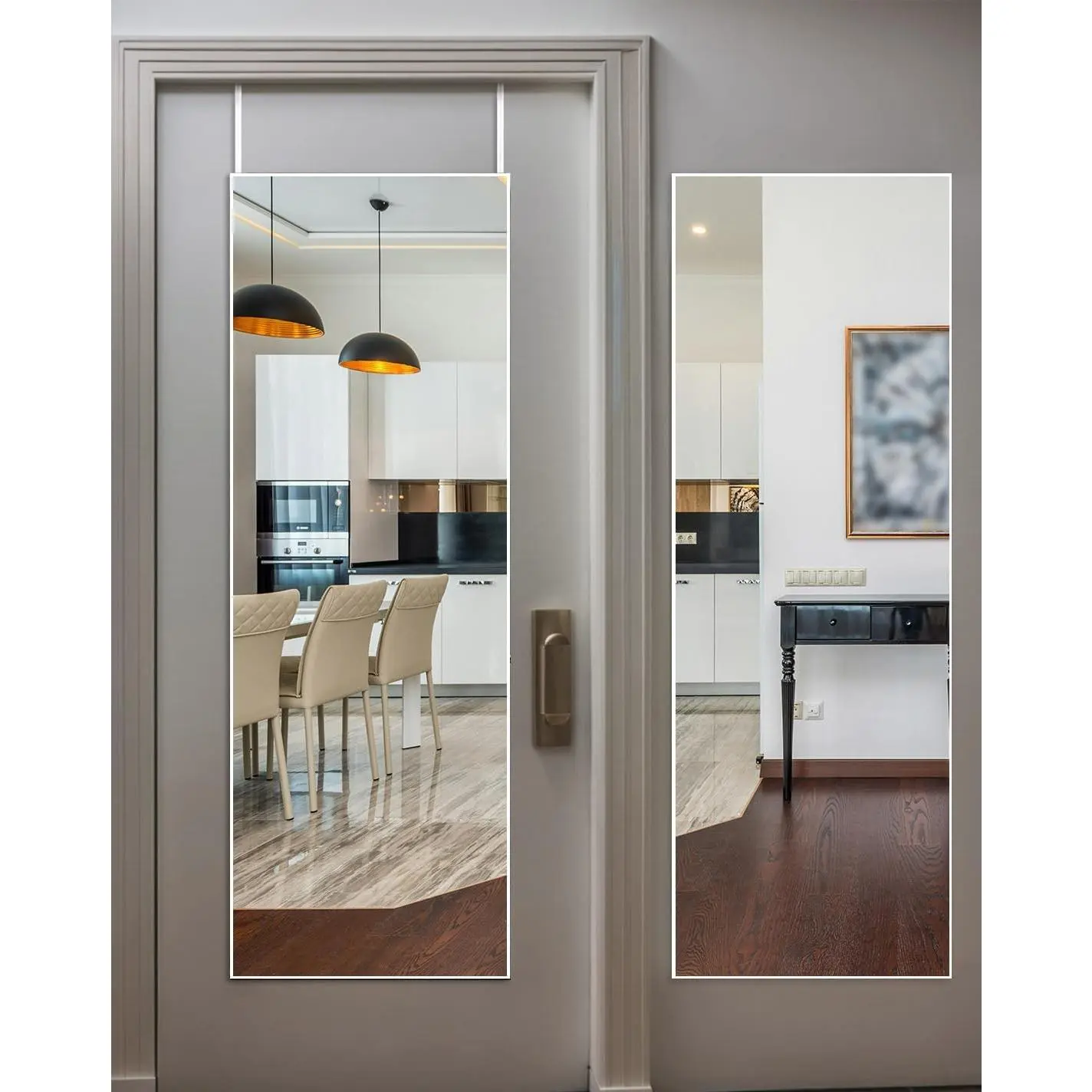 48"x14" Minimalist Border Over-The-Door Full Length Mirror - No-Drill Wall Installation, Metal Hooks, Shatterproof Safety Glass, Aluminum Frame for Bathroom, Bedroom (Silver White) Home Decor Gift, House Decor