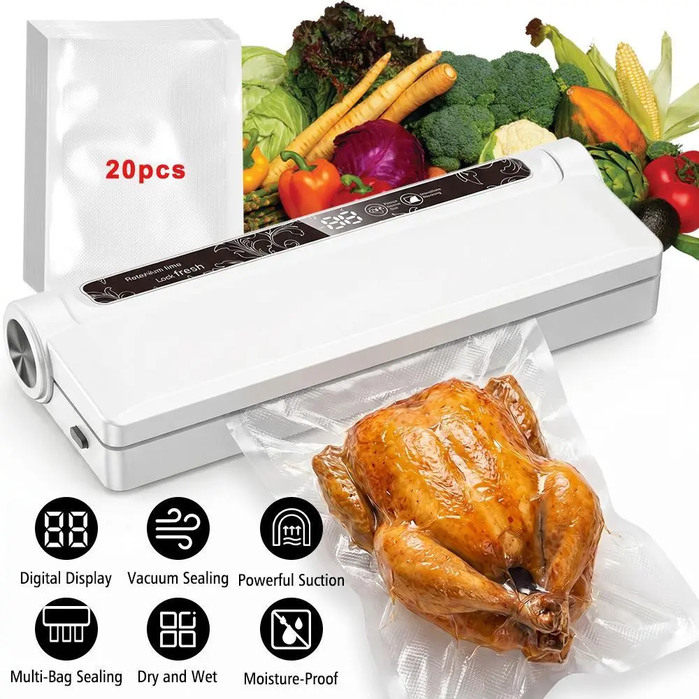 Food Saver Vacuum Sealer Machine, 75KPA Strong Suction for Dry/Wet Foods, Digital Countdown Timer, Compact Design with LED Lights, Includes 20 Vacuum Seal Bags, Ideal for Home Kitchen Use#DealsForYouDays