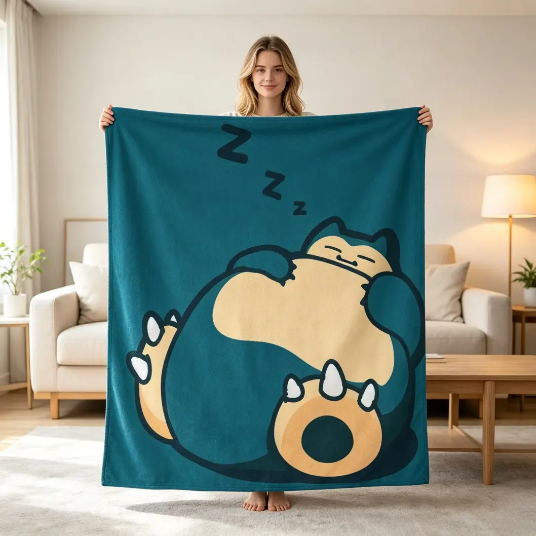 Snorlax Inspired Cartoon Animal Printed Flannel Blanket, Cute Sleepy Character Throw Blanket, Cozy Dorm Room Decor for Back To School, Christmas Holiday Gift for Cartoon Fans, Home Travel Blanket, Throw Blankets, Bedding