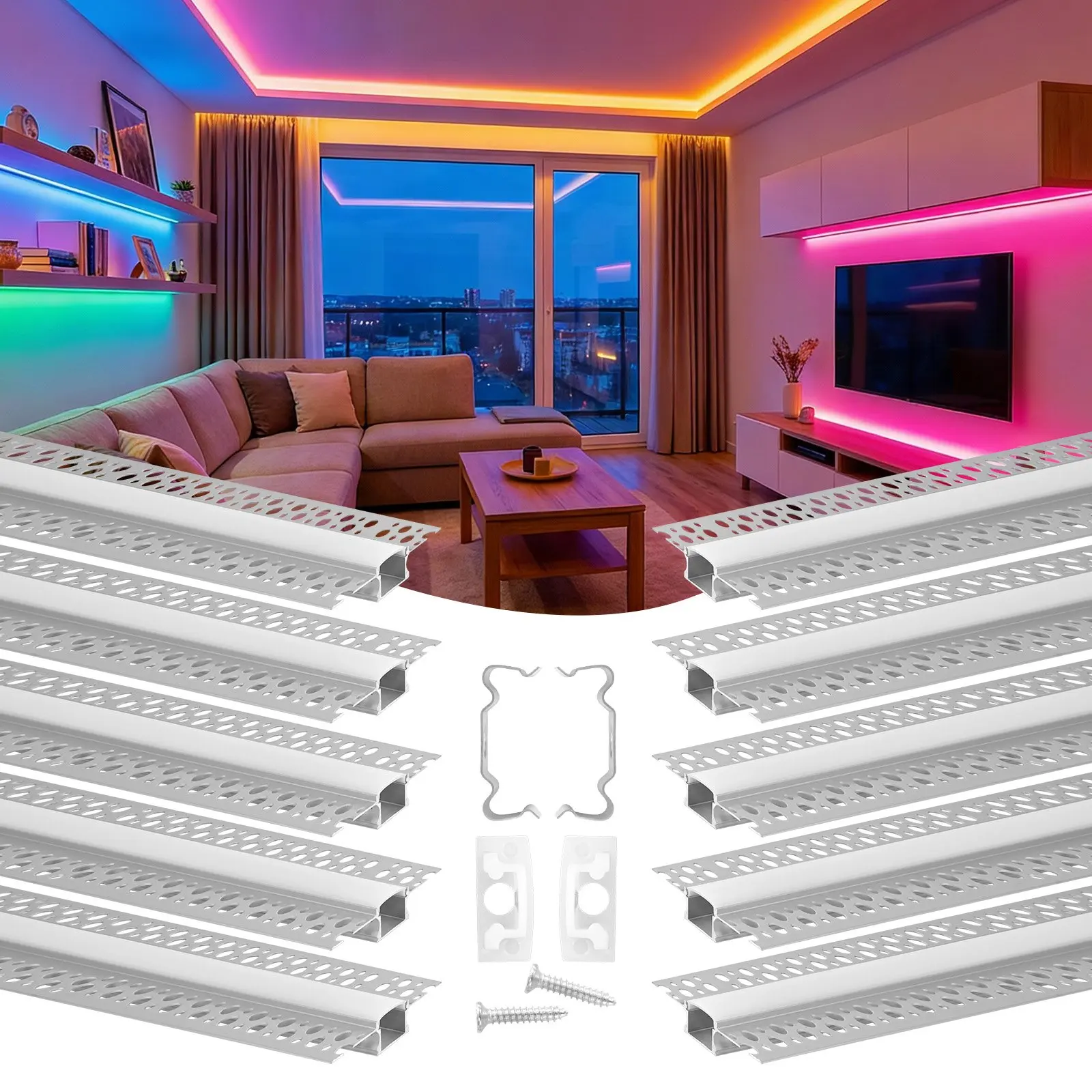 VEVOR Plaster-in LED Aluminum Channel Kit, 10-Pack 6.6 Ft / 2 M Double-Sided Recessed Drywall Diffuser with Milky Cover, End Caps, Mounting Clips, Easy Installation for Christmas Decoration, Wall, Ceiling