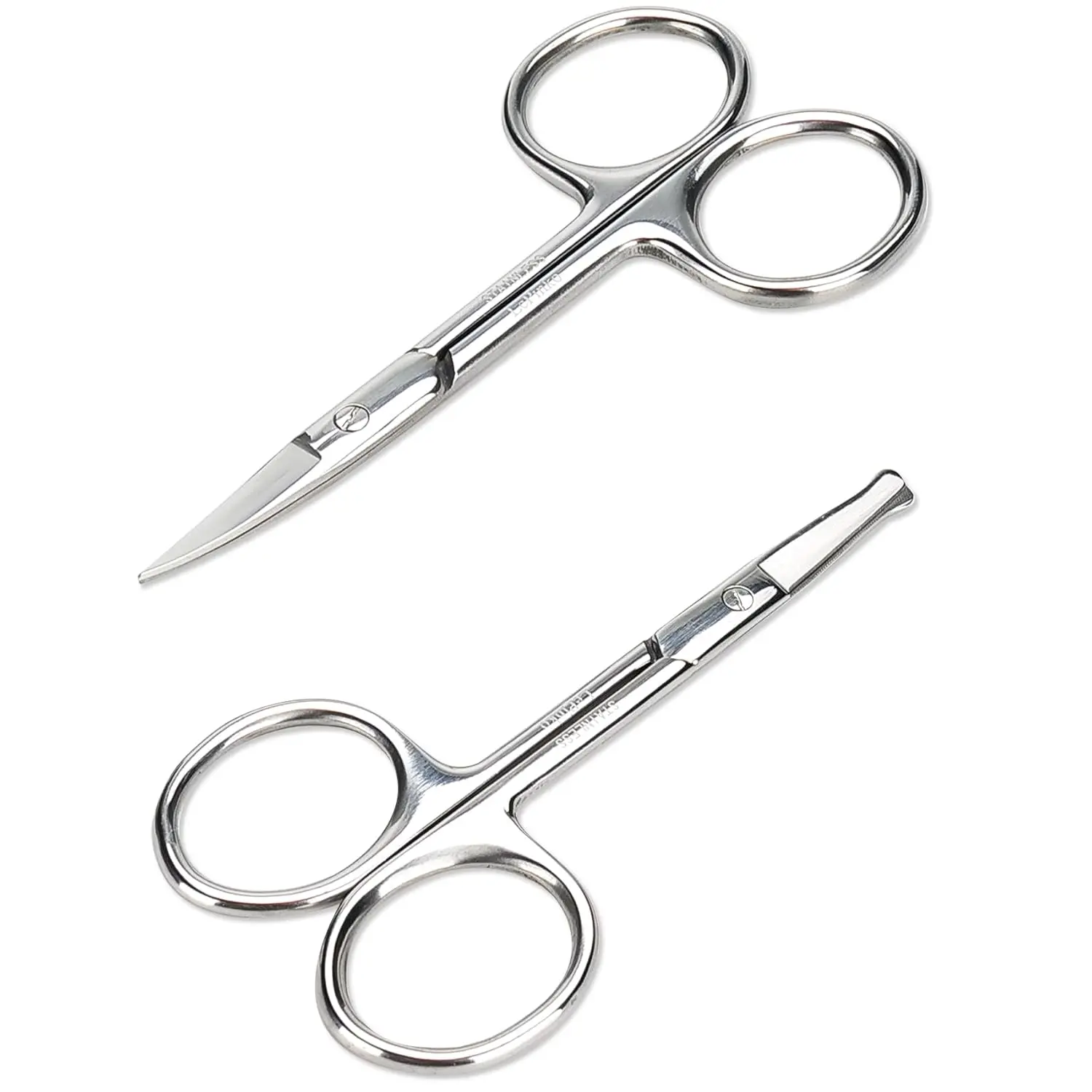 Facial Hair Small Grooming Scissors For Men Women - Eyebrow, Nose Hair, Mustache, Beard, Eyelashes, Ear Trimming Kit - Curved and Rounded Safety Tip Clippers For Hair Cutting - 2PCS Silver