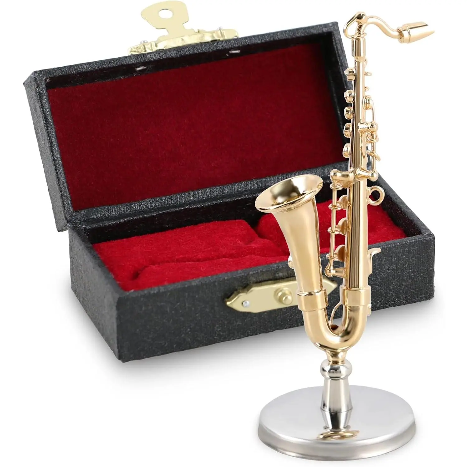 Miniature Saxophone Model, 2.6inches Mini Tenor Saxophone Model with Stand and Case,Mini Musical Instrument Ornament Dollhouse  Decoration