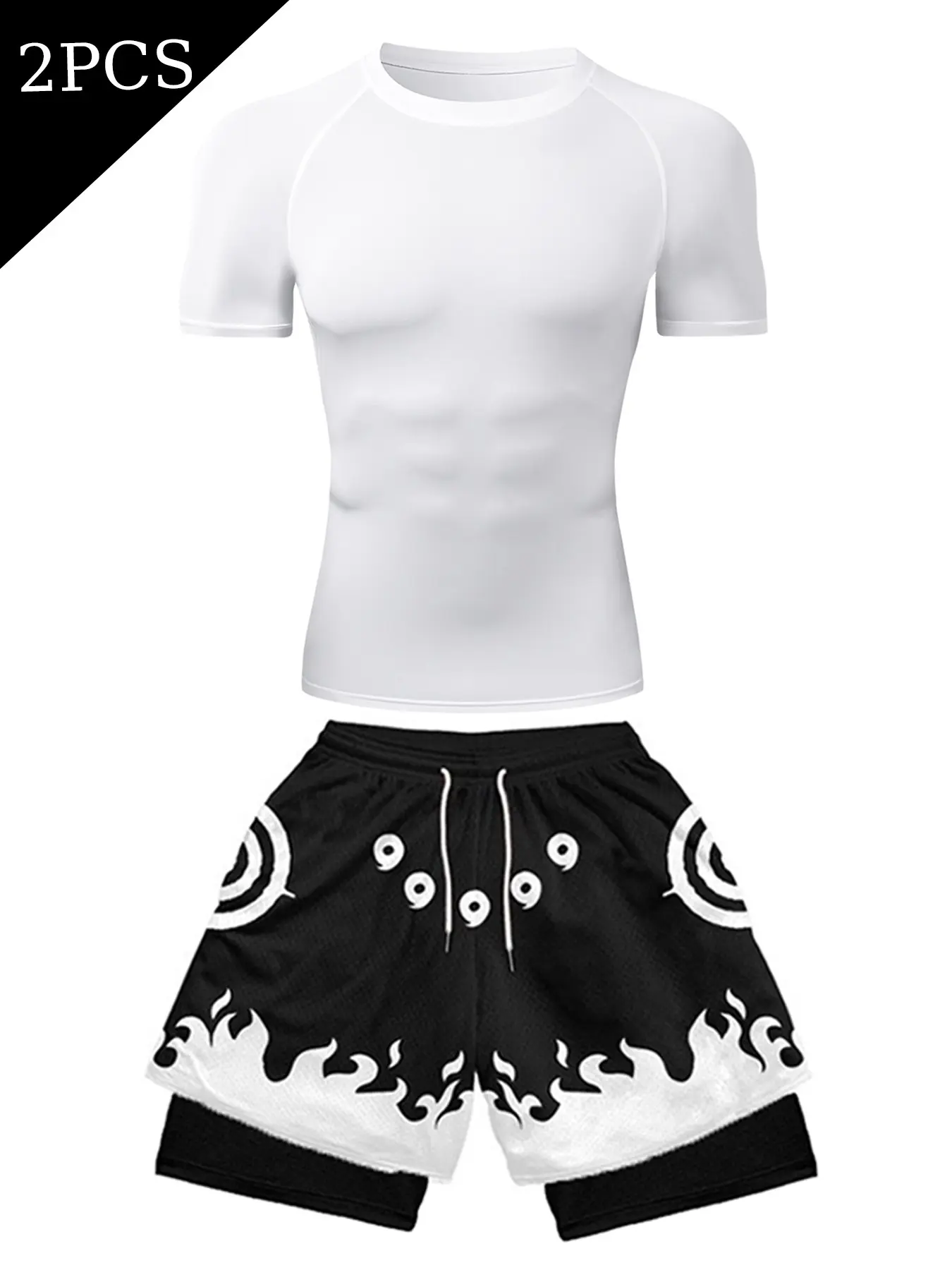 Men's Raglan Sleeve Compression T-Shirt White & Black Flame Graphic Printed 2-in-1 Shorts Gym Fitness Muscle Fit Set Quick Dry