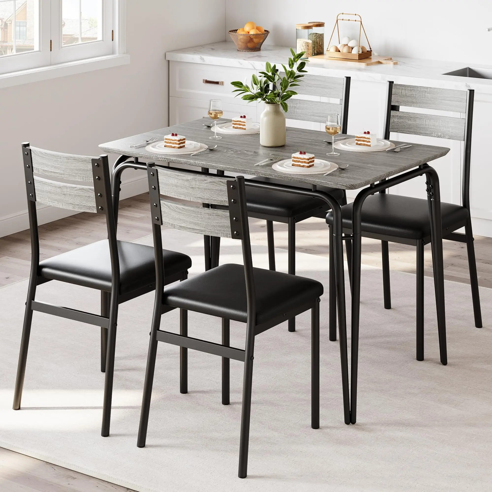 GARVEEDining Table Set for 4, Kitchen Table and Chairs for 4, 5 Piece Kitchen Dining Room Table Set,Wood Modern Rectangle Dinner Table With Upholstered Seat,Dinette Furniture for Breakfast Nook,Home Office
