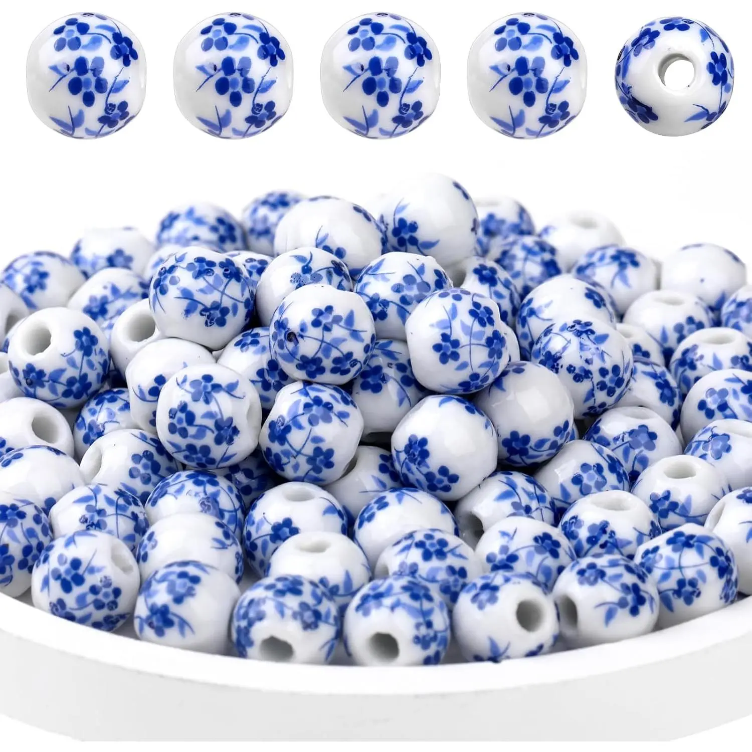 Ceramic Beads, 100 count Round Porcelain Beads 8 mm Blue Flower Printed Spacer Beads  Porcelain Craft Beading Kit for  Making Supplies DIY Crafts Bracelets Necklace