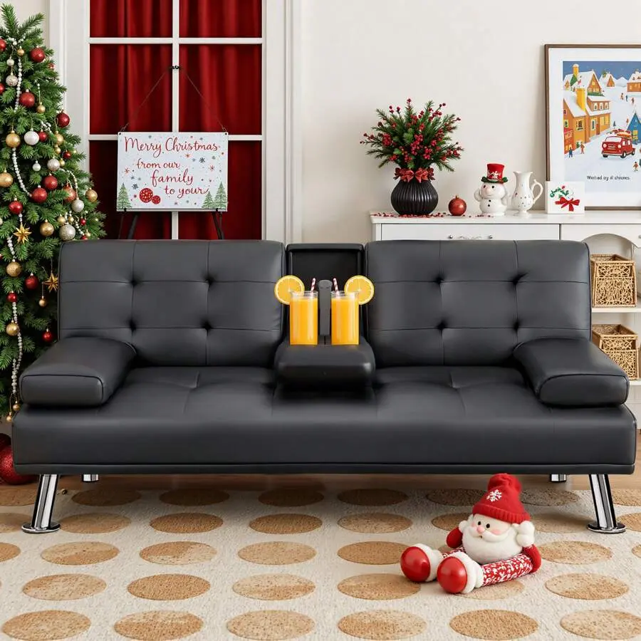 Modern Faux Leather Futon Sofa Bed, Convertible Folding Adjustable Recliner Sofa with 2 Cup Holders for Living Room