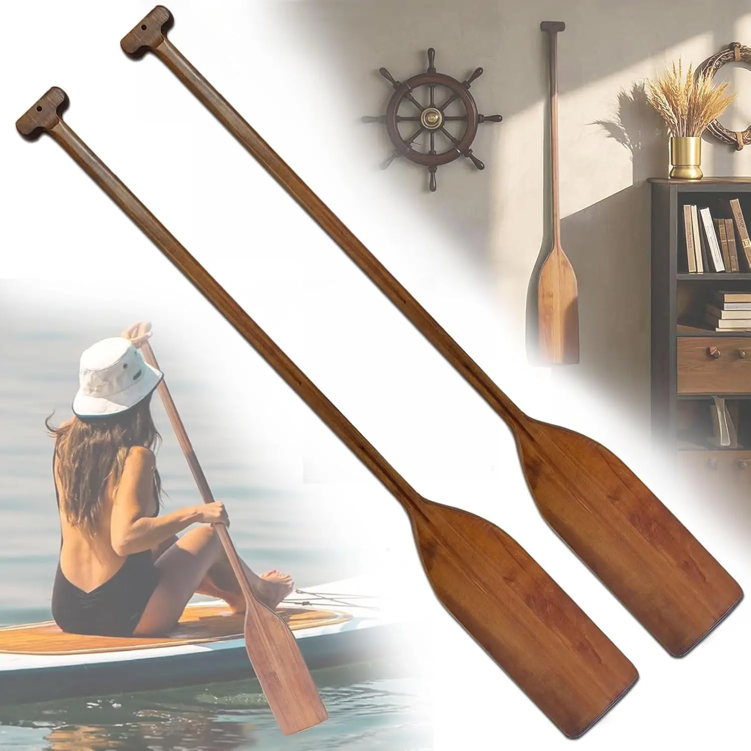 Vintage Style Wooden Oar Canoe Paddle 4 Feet,Ergonomic T-Shaped Handle,Handcrafted Durable Pine Wood Oars for Kayaking/Fishing/Rowing Boats/DIY Home Decoration Gift（2 Pieces）