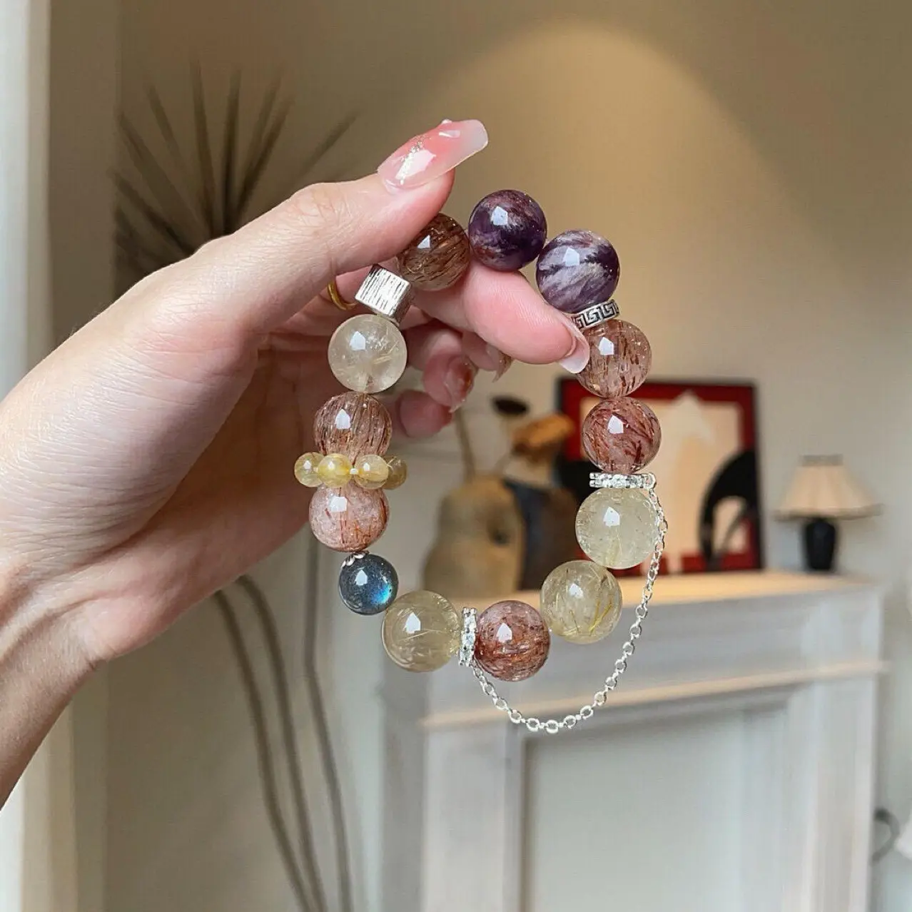 「Vintage Earth Tone Mix」Original Large Bead Mixed Crystal Bracelet | Purple Phantom, Moonstone, Super Seven & Citrine Fashion Wrist Jewelry for Women