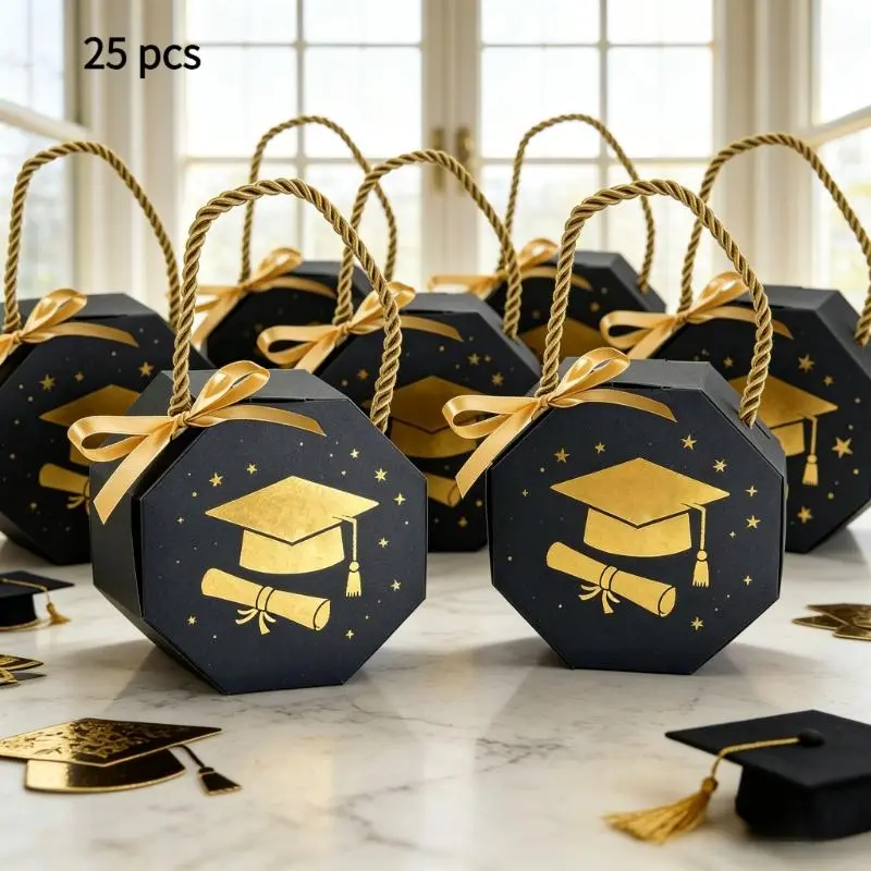 2026 Graduation Gift Pack, Portable Graduation Candy Bag with Doctoral Cap, Graduation Season Celebration Party and Commencement Ceremony Decorative Supplies, Graduation Gift Wrapping - Handheld Box with Handle, Gift Bags