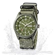 AGS Infantry Mens Military Watch, Vietnam Style Field Watches for Men, Tactical 12/24H Military Time Analog Watch, Waterproof Day Date Quartz Wristwatch w/Green Nylon Band, Work Watch for Man