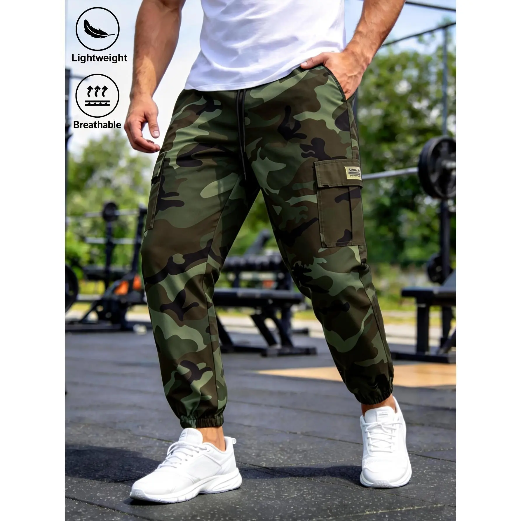 Men's Camouflage Cargo Cuffed Joggers - Loose Fit Street Casual Active Jogger, Multiple Pockets, Elastic Cuffs, Durable Good Cut Men's Pants for Tactical Outdoor Hiking