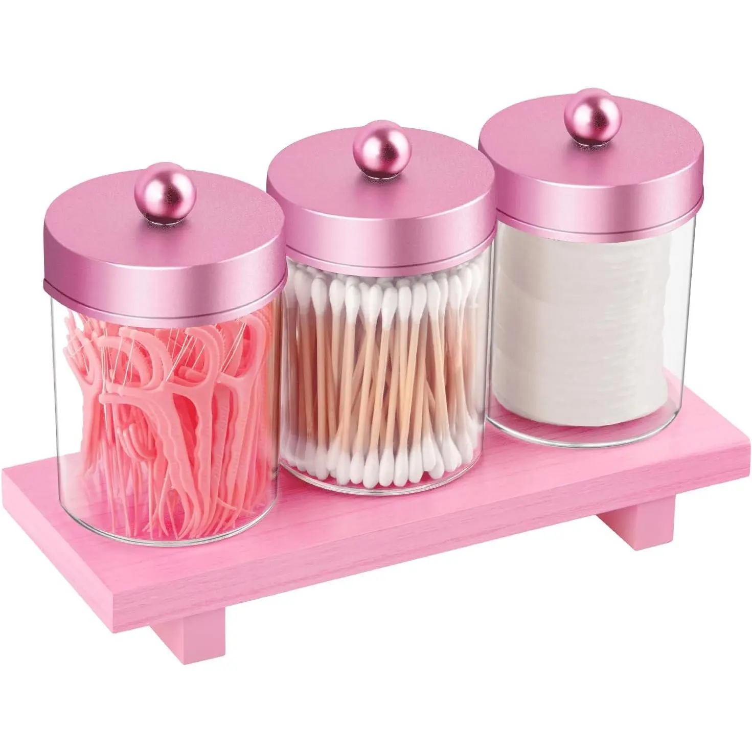 Pink Qtip Holder Bathroom Set - 3 Pack Apothecary Jars with Metal Lids and Vanity Tray.Bathroom Organizers and Storage, Cute Vanity Makeup Organizer, Bathroom Decor Accessories