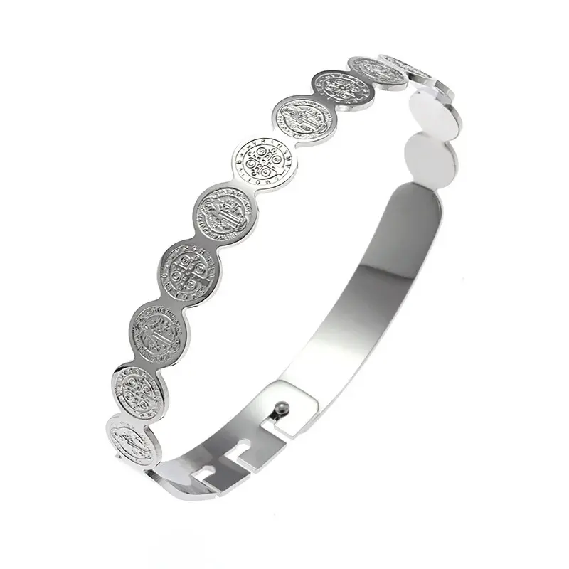 Men's Stainless Steel Cross Medallion Cuff Bracelet - St. Benedict Bangle with Ring Buckle, Cross Motif Male Wear with Simple Look, Fashion Jewelry Gift, Casual Daily