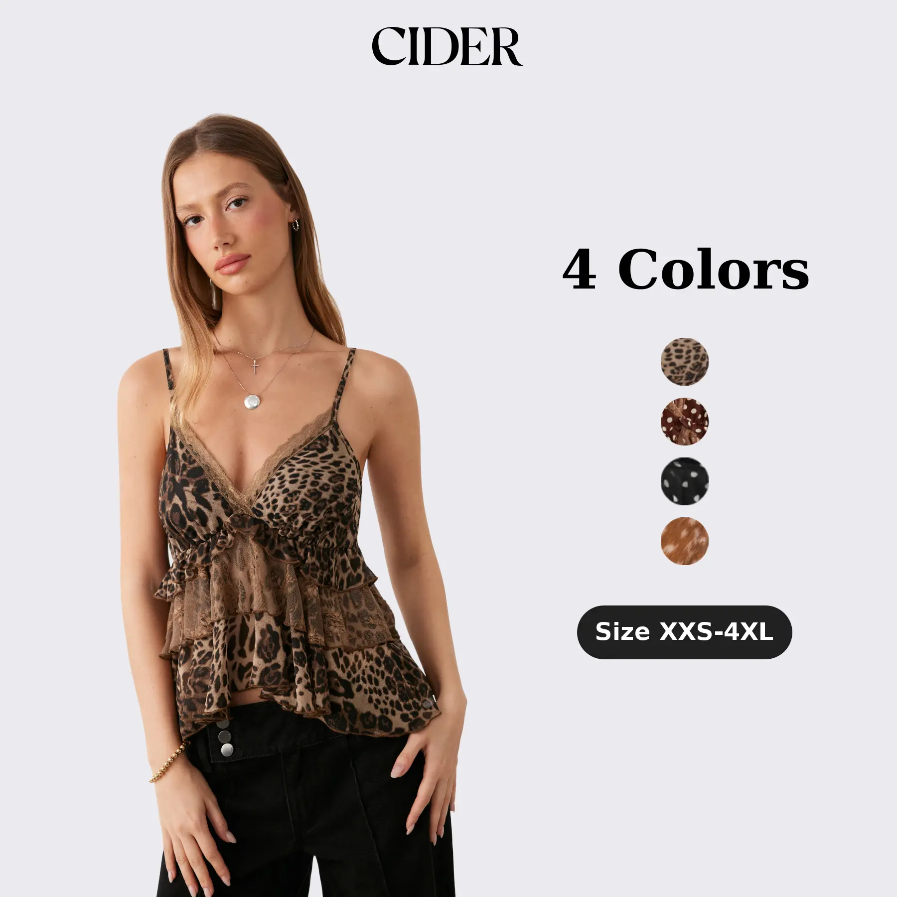 Cider Chiffon Leopard V-neck Lace Trim Cami Top Classy Elegant Sleeveless Top