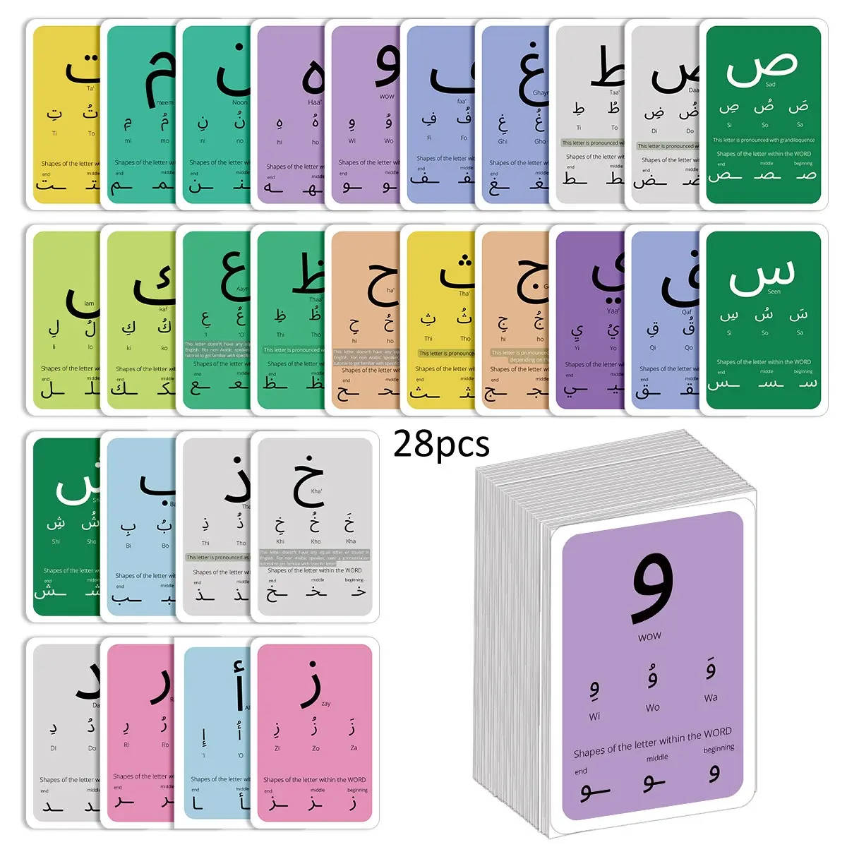 28pcs Arabic Alphabet Flashcards for Beginners, Vowel Spelling Flashcards, Letter Flash Cards, Vocabulary Flashcards Set, Educational Arabic Language Tool for Arabic Script Recognition, Arabic Reading & Writing Learning Aid Cards