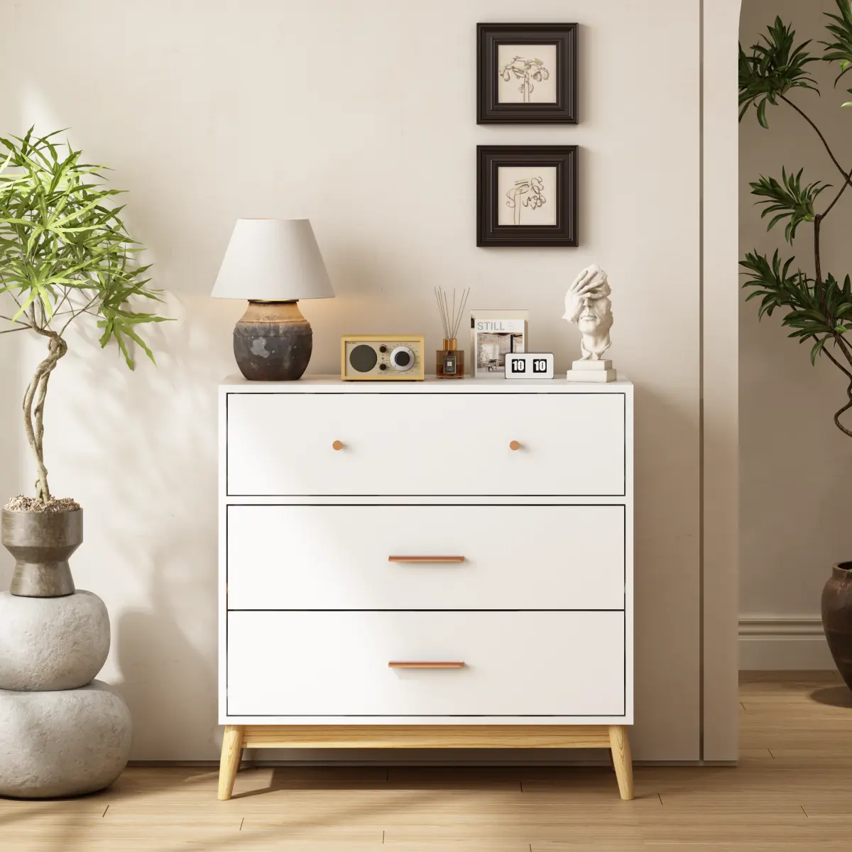 3-Drawer Nordic Style Storage Cabinet - Contemporary Home Decor, Modern White Chest of Drawers with Rose Gold Handles, Solid Wood Base, Small Space Organizer for Office, Nursery, Requires Assembly