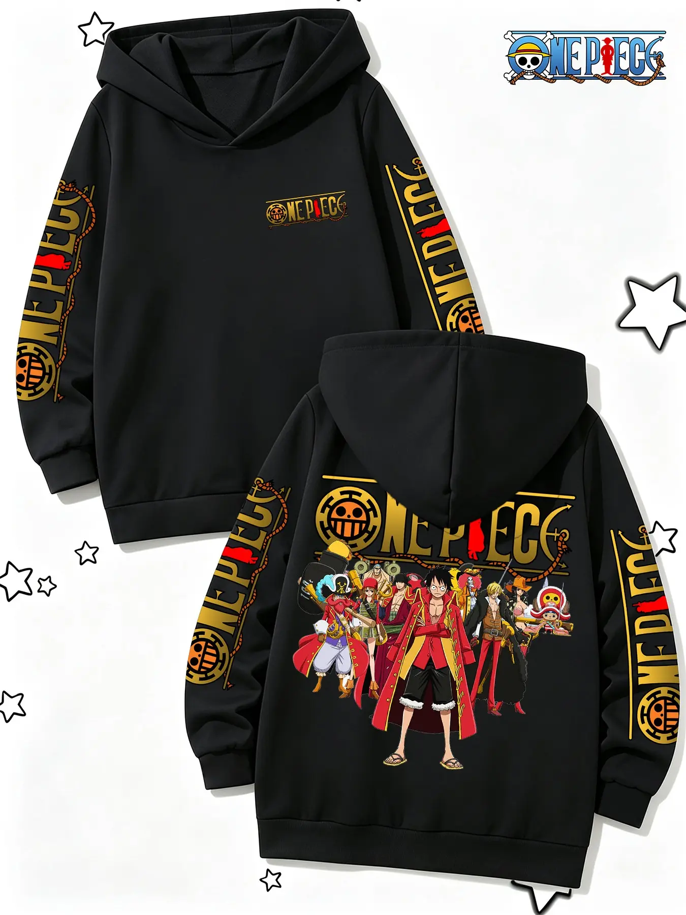 One Piece Official Boys' Anime Sweatshirt, Straw Hat Crew All over Print, Spring Fall Casual Hoodie, Perfect for Gifts and Daily Wear