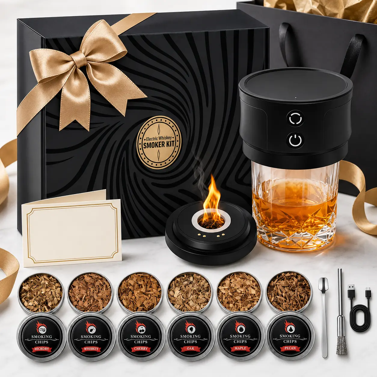 Electric Whiskey Smoker Kit, Rechargeable Cordless USB-C, Safe Ceramic Heat Body, RGB Smoke Glow, ABS+Steel Build, No Butane Required, 6 Wood Choices, Glass Old Fashioned Bourbon Cocktail Smoker, Portable Premium Gift Box for Males (Home Party Use)