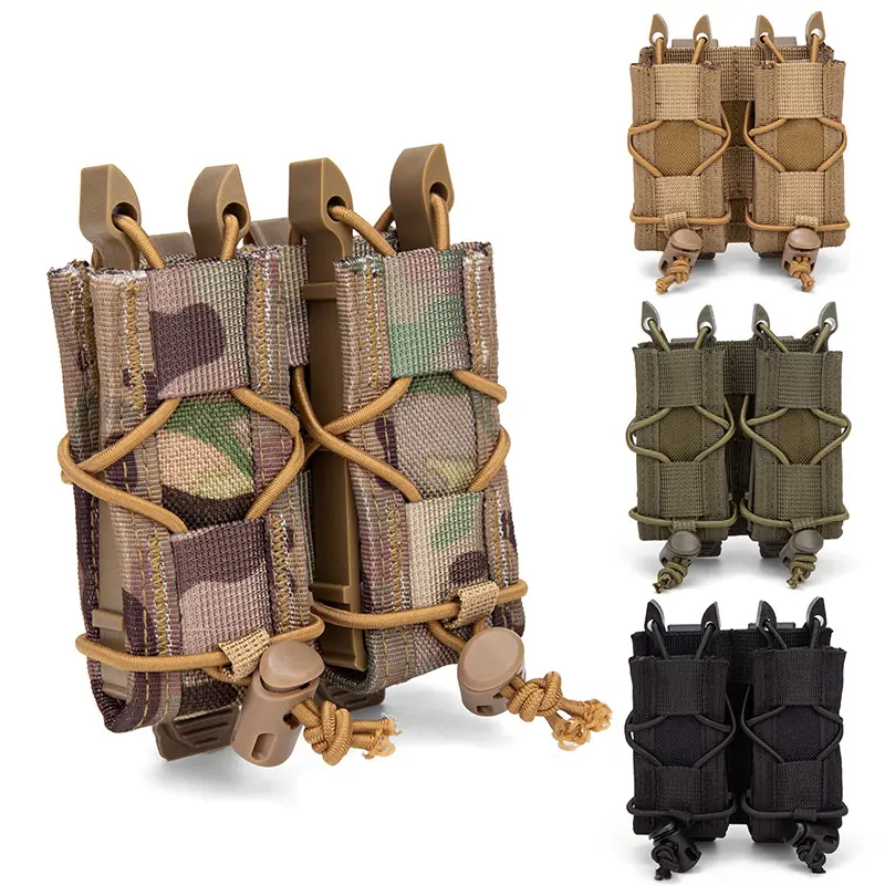 Unisex Tiger-Style 9mm Double Mag Pouch - Outdoor Accessories with Quick Release, MOLLE Mounting, Elastic Flashlight Storage Tool Bag