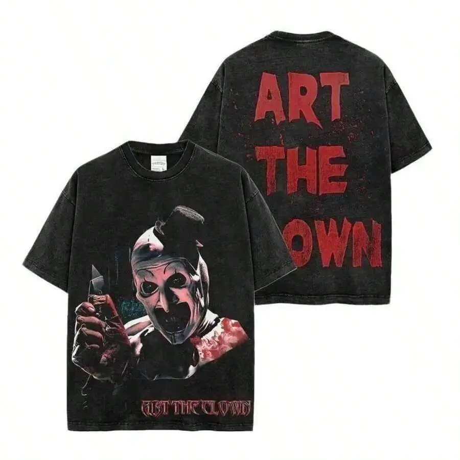 Acid Washed 100 Percent Pure Cotton Terrifier Art The Clown Graphic Tee Mens Oversized Crew Neck Short Sleeve Tshirt Soft Comfortable Horror Streetwear Halloween Party Daily Outfit Concert Holiday Fashion Top