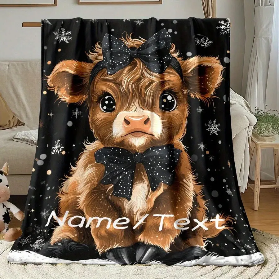 Custom Name/Text Highland Cow Flannel Throw Blanket, Personalized Christmas Cow Blanket with Bow Snowflake Winter Design, Soft Cozy Warm Throw for Couch Bed Sofa, Cute Birthday Christmas Gift for Her Him Cow Lovers, Customizable Name Text Holiday Decor