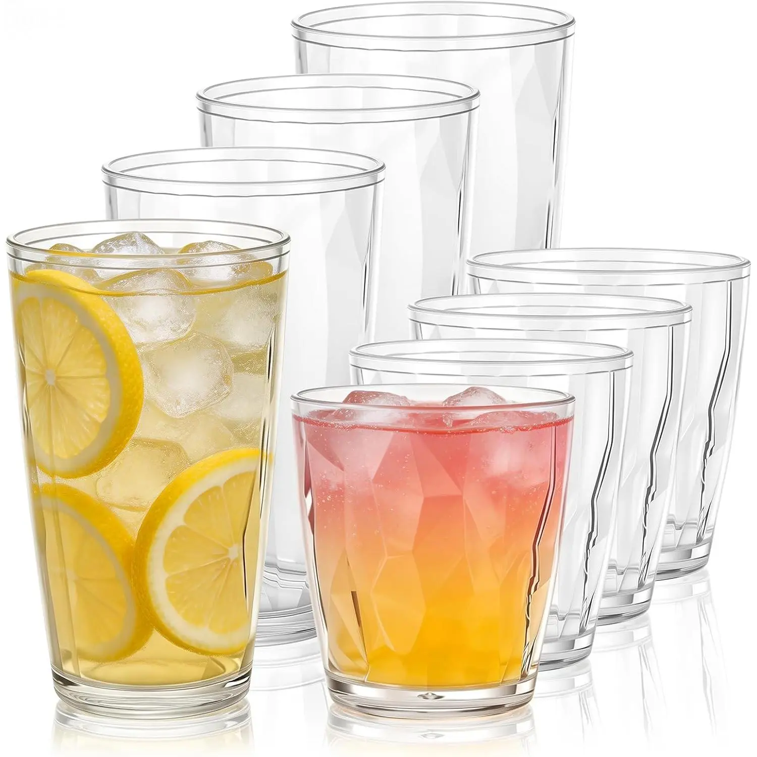 Plastic Drinking Glasses Set of 8, 11oz Rocks & 16oz Water  Cups, Unbreakable &  Plastic Drinking Cup Set in Clear,   Tumblers