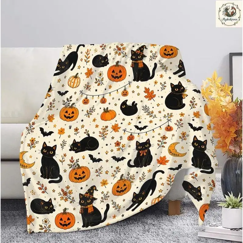 Black Cat Halloween Blanket,Spooky Pumpkin Throw Blanket,Retro Halloween Cat Blanket,Fall Trick Or Treat Blanket,Halloween Home Decor,Spooky Season Decorative Blanket,Home Essentials,Late Summer Home Refresh