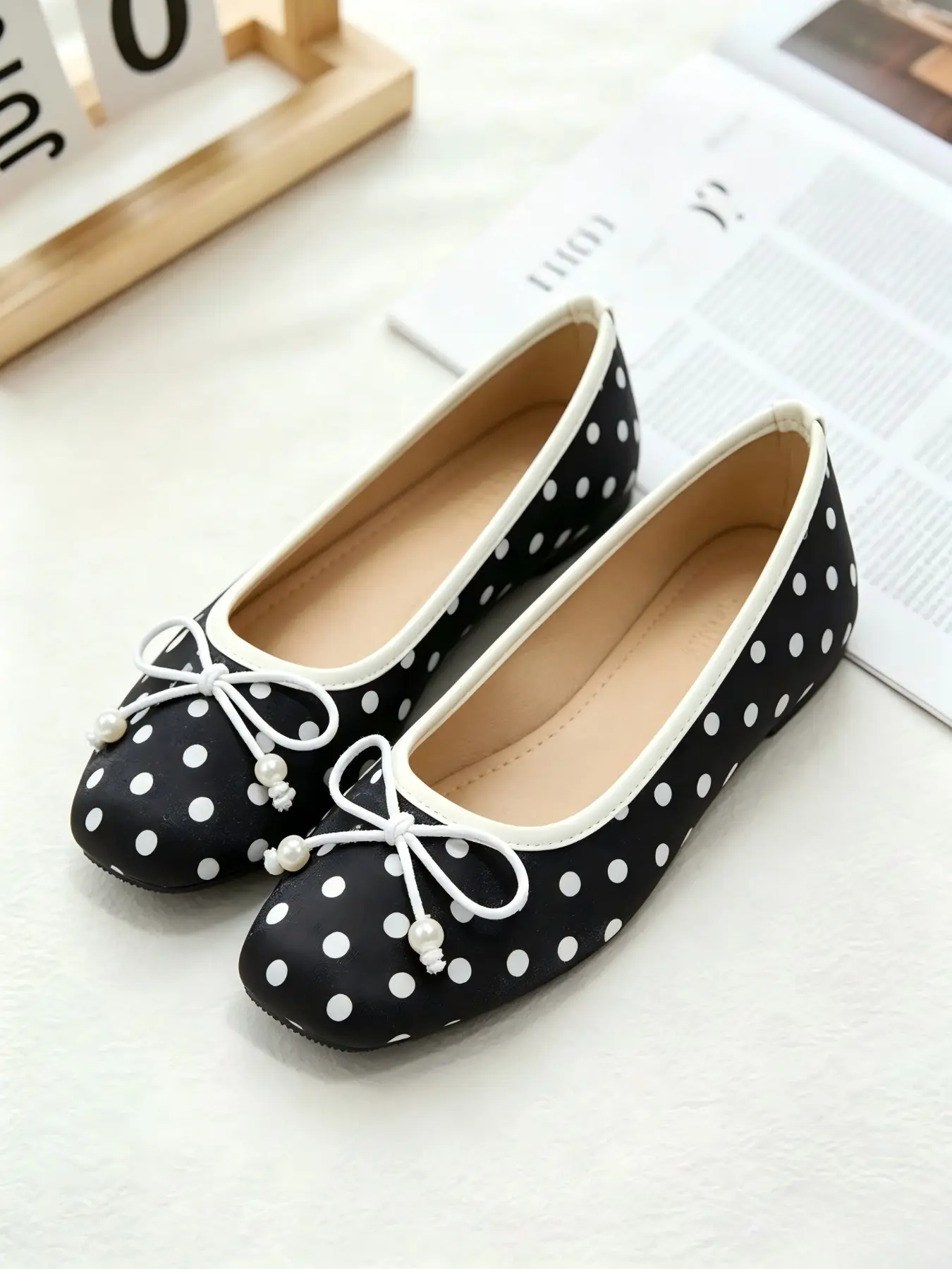 Women's Ballet Flat Shoes, Casual Flats, Ballerina Flats Shoes, Soft Satin Polka Dot, Comfortable Breathable, Vintage Style, Square Toe, Pearl Bow Detail, All Seasons