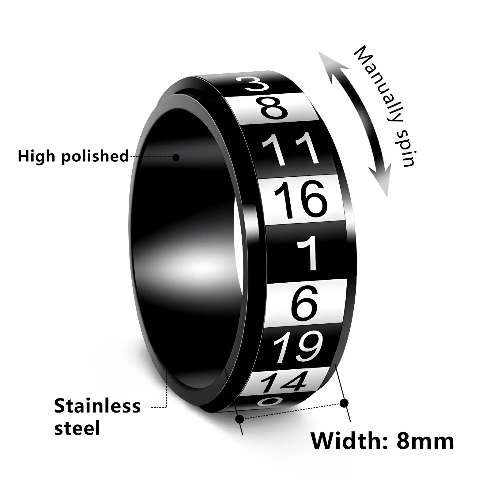 New 8mm men's titanium steel ring with rotatable Arabic numerals, stress relief finger jewelry