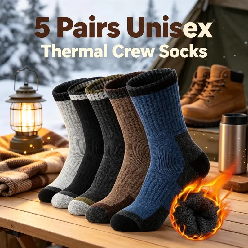 5 Pairs Unisex Thermal Crew Socks, Thick Soft Stretchy Mid-Calf, Breathable Cushioned Sole, Non-Slip Fit, Great Christmas Gift for Family, Ideal for Travel, Lounging, and Cold Weather Daily Wear.