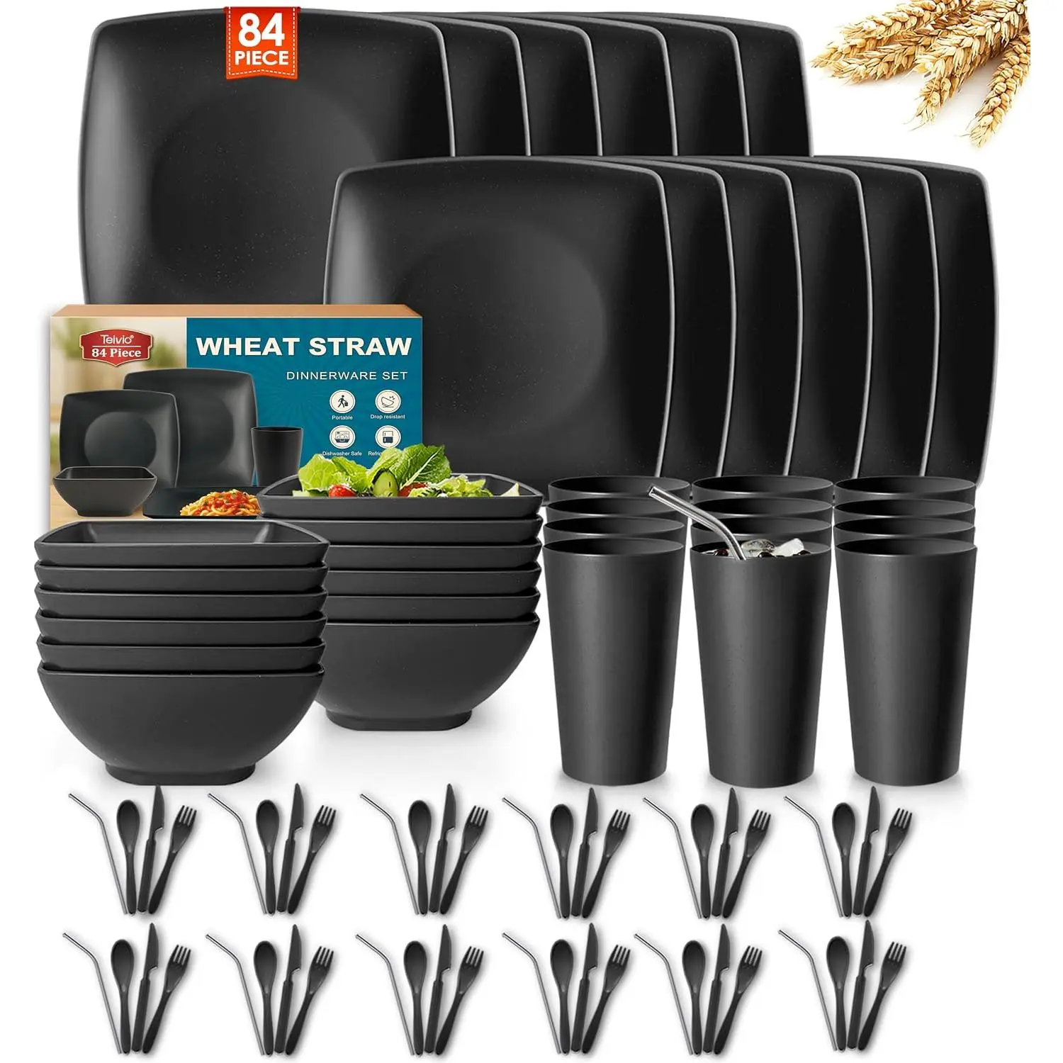 84-piece With Flatware Kitchen Plastic Wheat Straw Square Dinnerware Set for 12, Unbreakable Dinner Plates, Snack Bowls, Tumblers 13.5 oz,Stainless Steel Metal Straws,Dishwasher Safe, Black