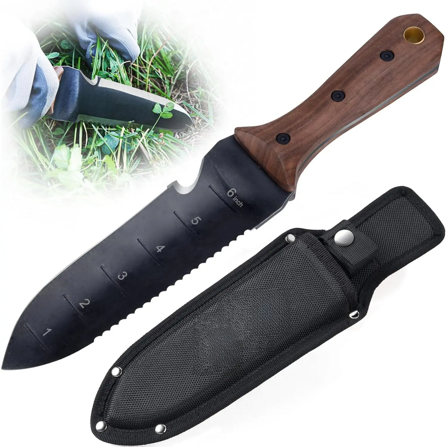 7in Stainless Steel Garden Knife with Sheath - Rust-Resistant Cutting Edge, Full-Length Wooden Handle with Hanging Hole, Ideal for Weeding, Digging Soil/Roots