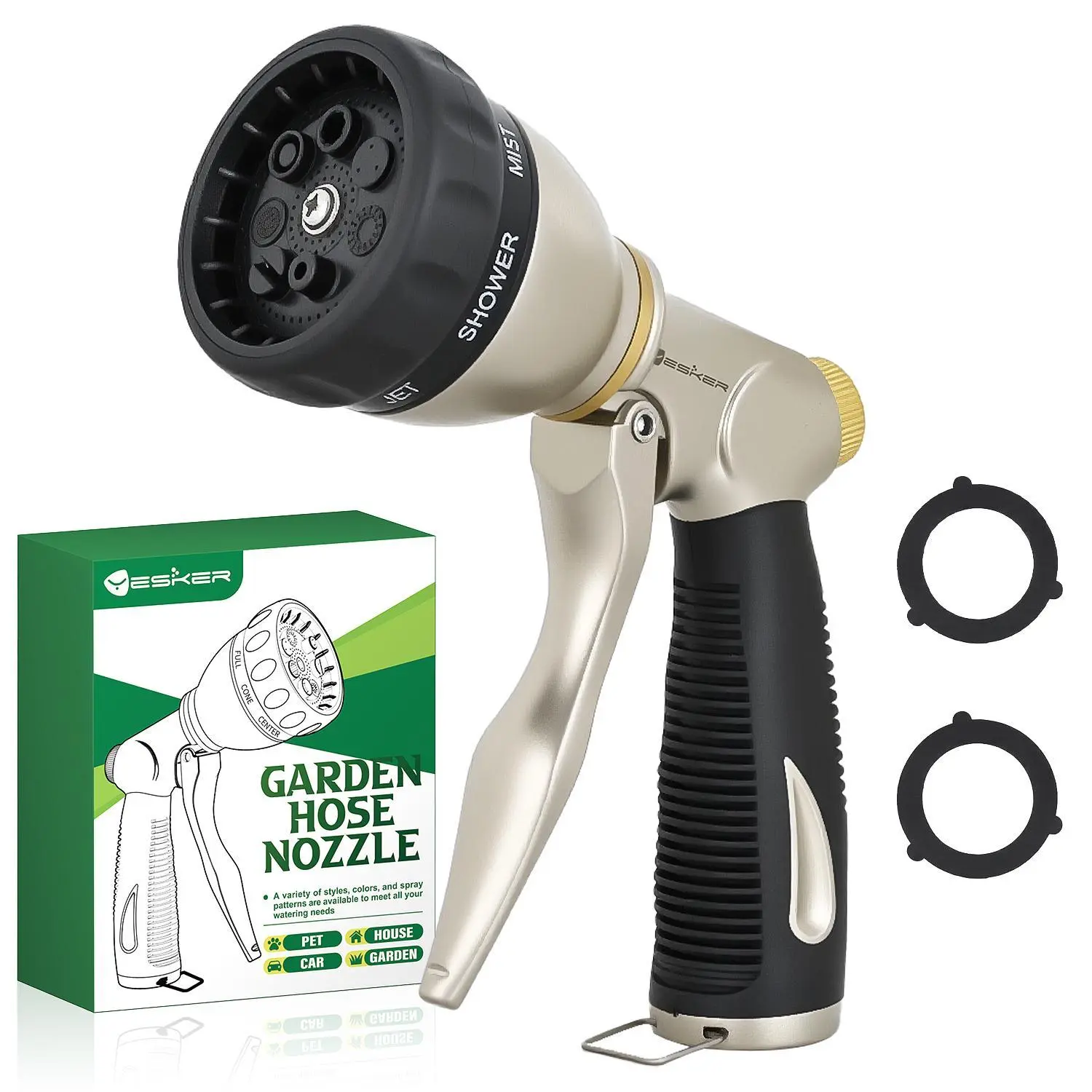 Yesker Garden Hose Nozzle, Water Hose Sprayer Nozzle Adjustable 7 Spray Patterns Heavy Duty Metal Water Nozzles for Hose Outdoor with Non-Slip Rubber Grip for Watering Plants Lawns Washing Cars Pets fathersdaygift