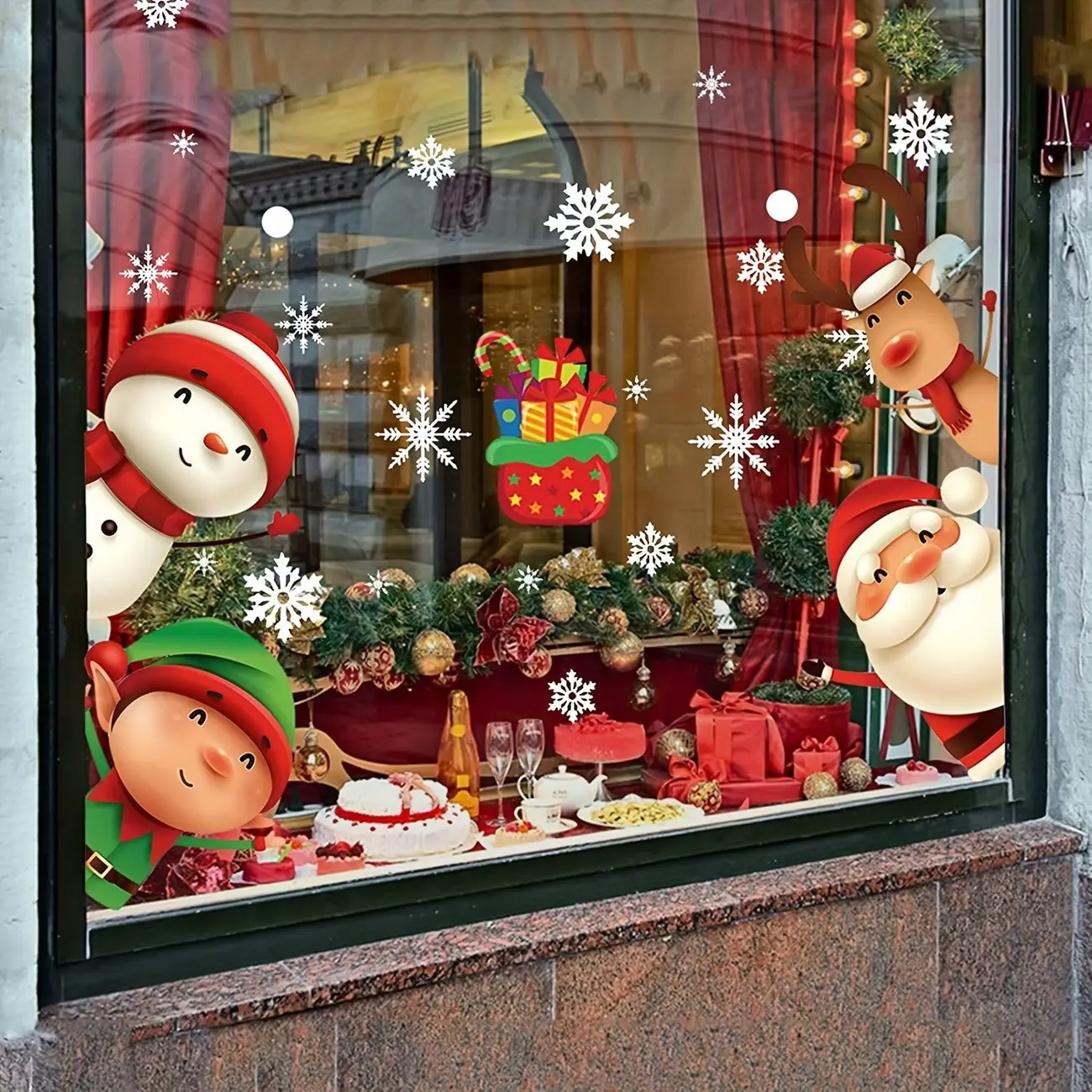 Christmas Window Stickers, Santa Claus, Reindeer, Snowman, Snowflake Patterns, Double-Sided PVC Glass Decals, Indoor Outdoor Use, Residue-Free Holiday Decor, Adhesive Stickers