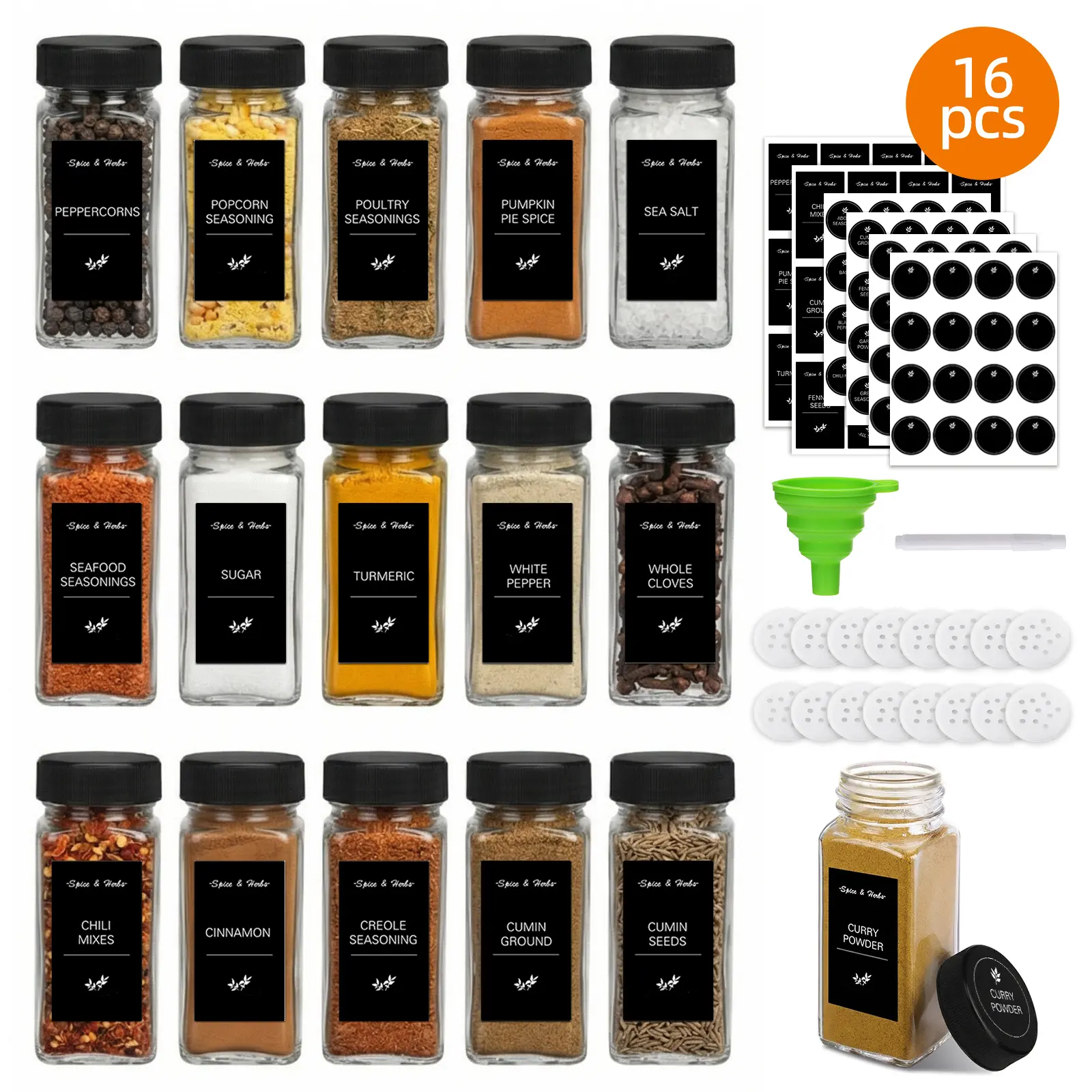 whonline 16/24/36/48 Pcs 4oz Glass Spice Jars with Labels, Shaker Lids, Collapsible Funnel, Brush & Marker, Seasoning Bottles for Spice Rack Drawer Cabinet