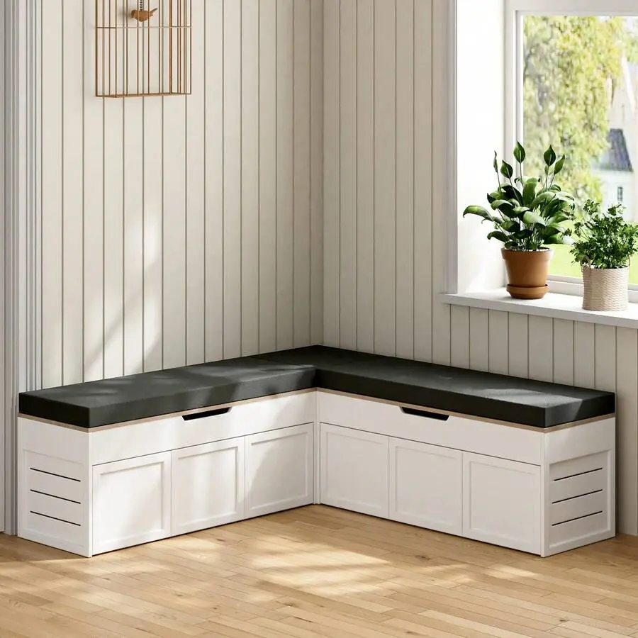 Armless L-Shaped Corner Storage Bench - Backless MDF Wood Bench with Hidden Push-to-Open Storage, Minimalist Decluttering Piece for Dining Nook, Entryway, Dark Gray Cushion, Simple Setup, Hidden Storage