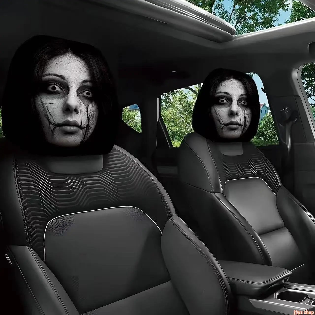 2-Pack Car Headrest Covers, Skull Print Soft Fabric, Anti-Slip Back, Universal Fit Car Seat Accessories, Funny Horror Themed for Halloween Interior Decor