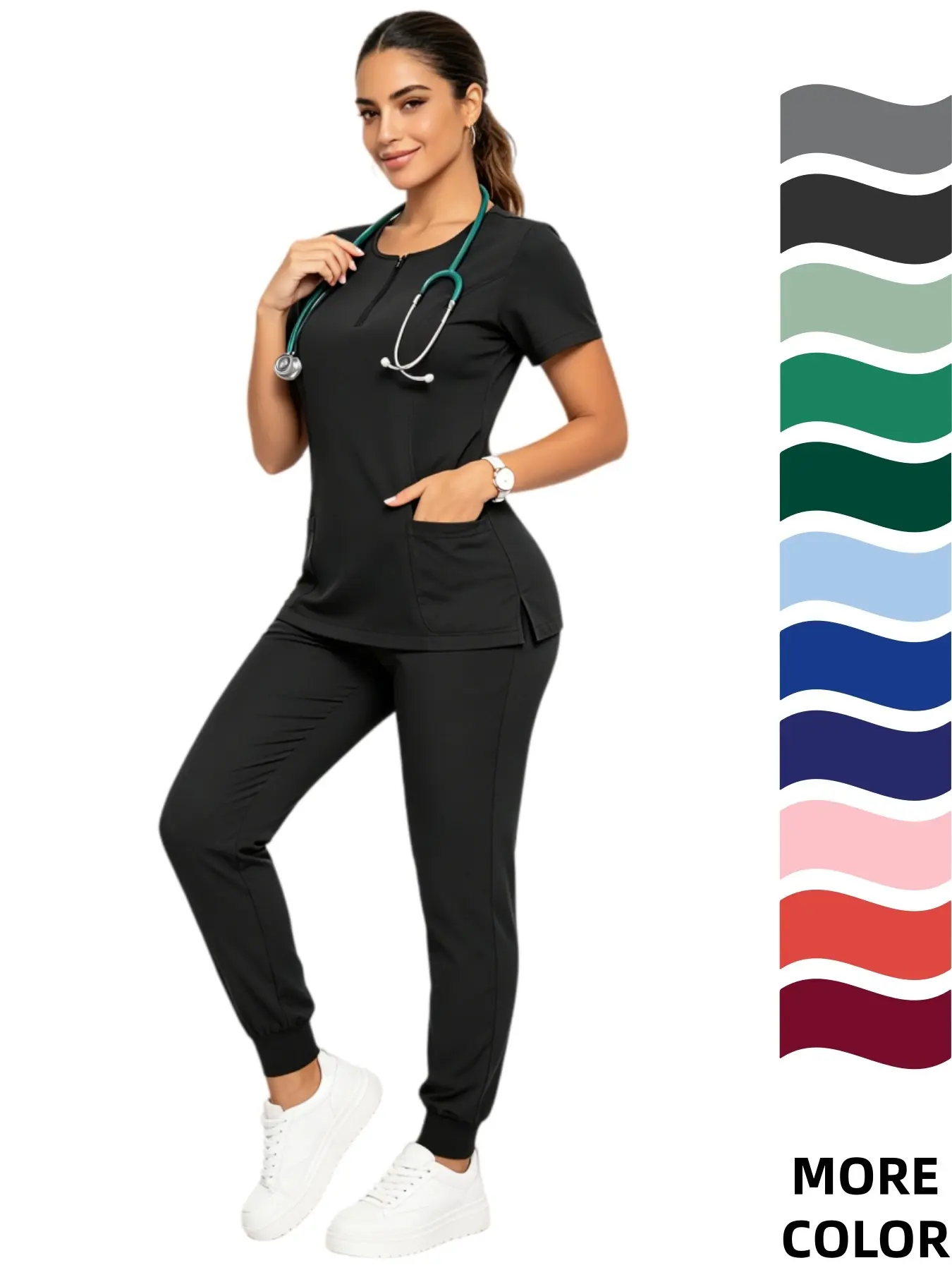 Anti Wrinkle Scrubs Essential Workwear Washable Soft Fabric Nurse Hospital Uniforms Medical Scrubs Top Pants Jogger Scrubs Sets，Surgical Uniforms Woman Scrubs Medico Work Wear Top and Pants Sets Clinical Medical Suit Clothes for Doctor Nursing Uniform